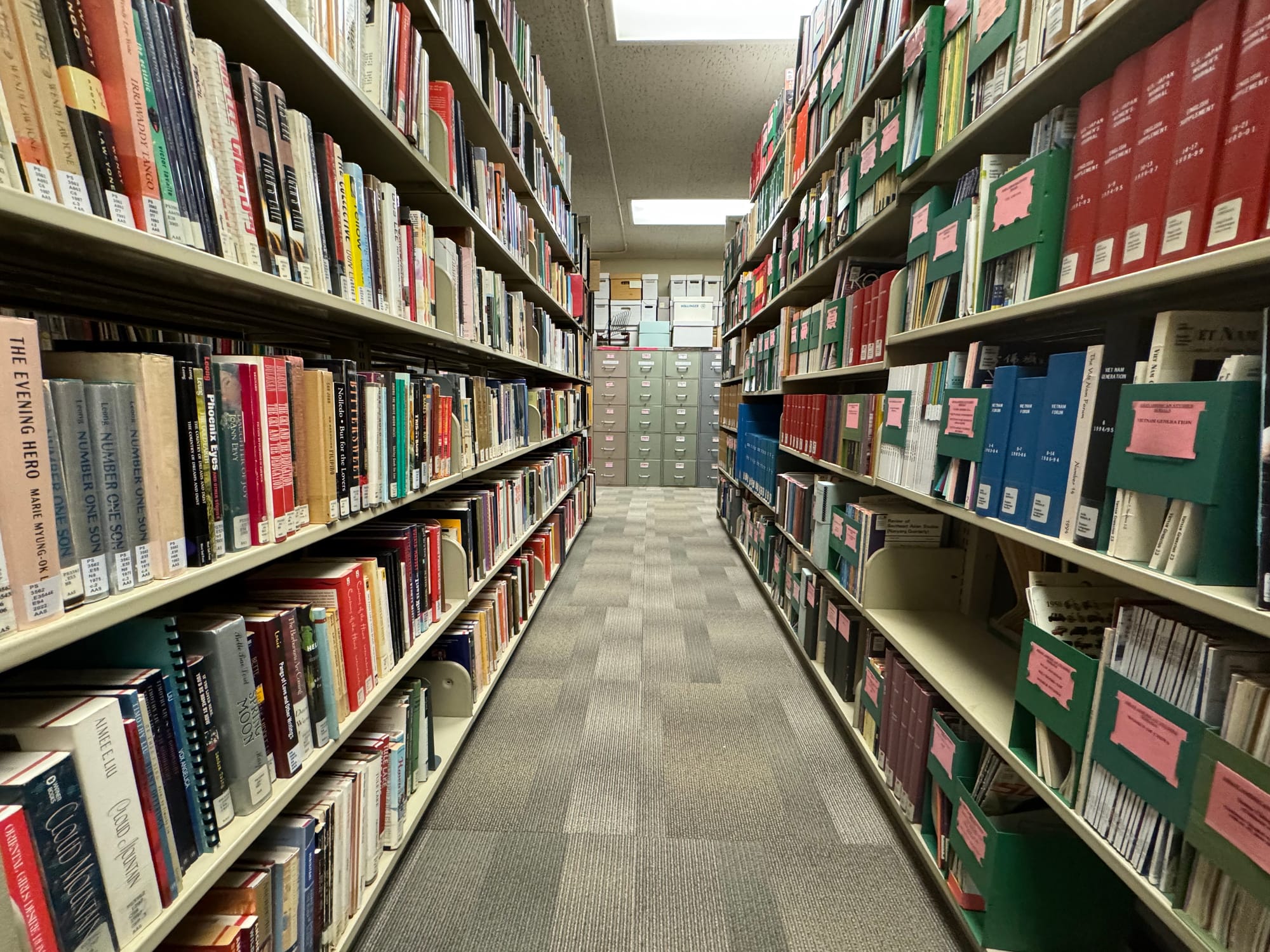 A photo that looks down a well-lit corridor between two stacks of the Ethnic Studies library. The books are many colors and there are racks of magazines with pink labels.